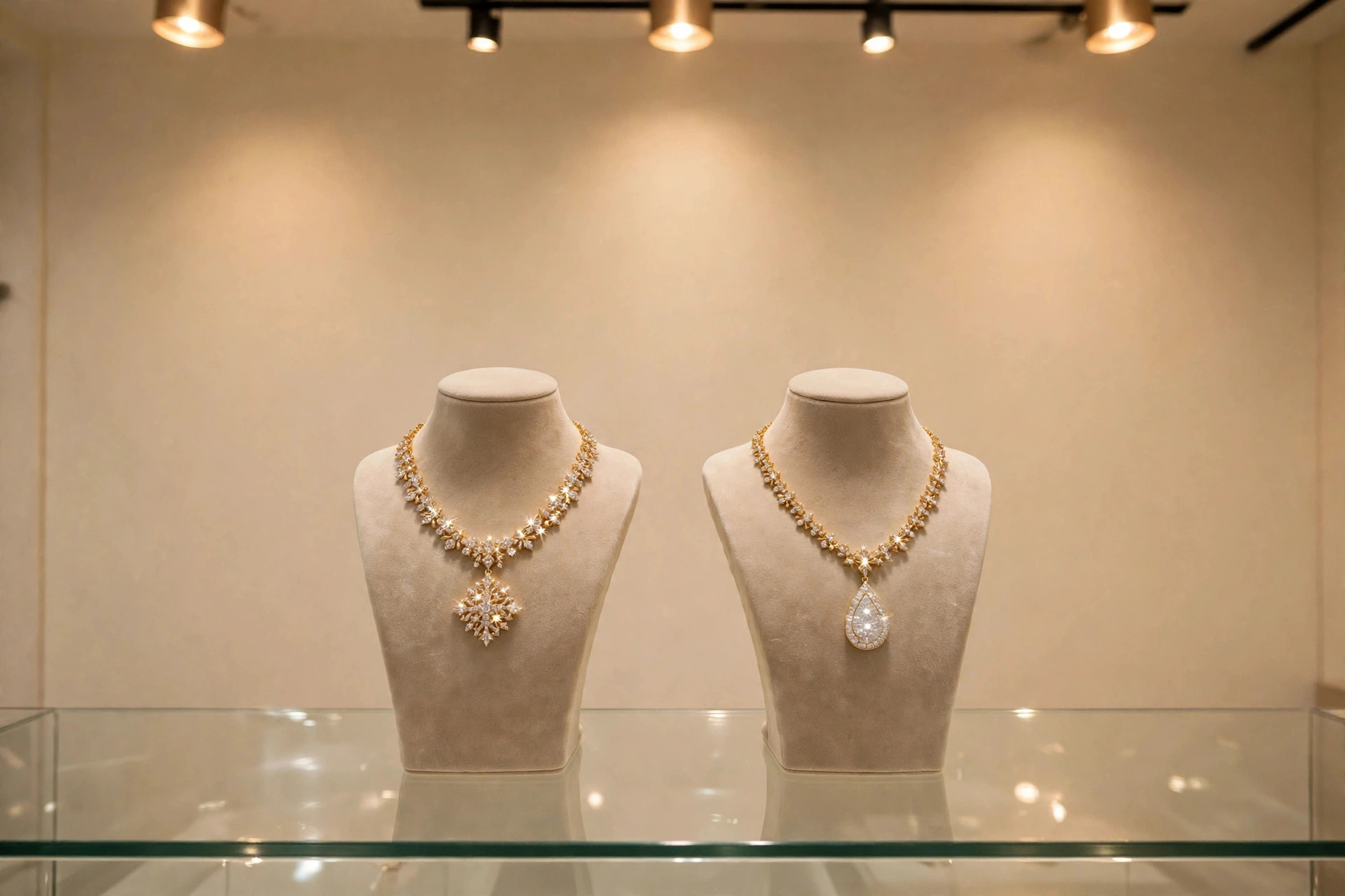 Gleaming, stunning new necklaces on display stands