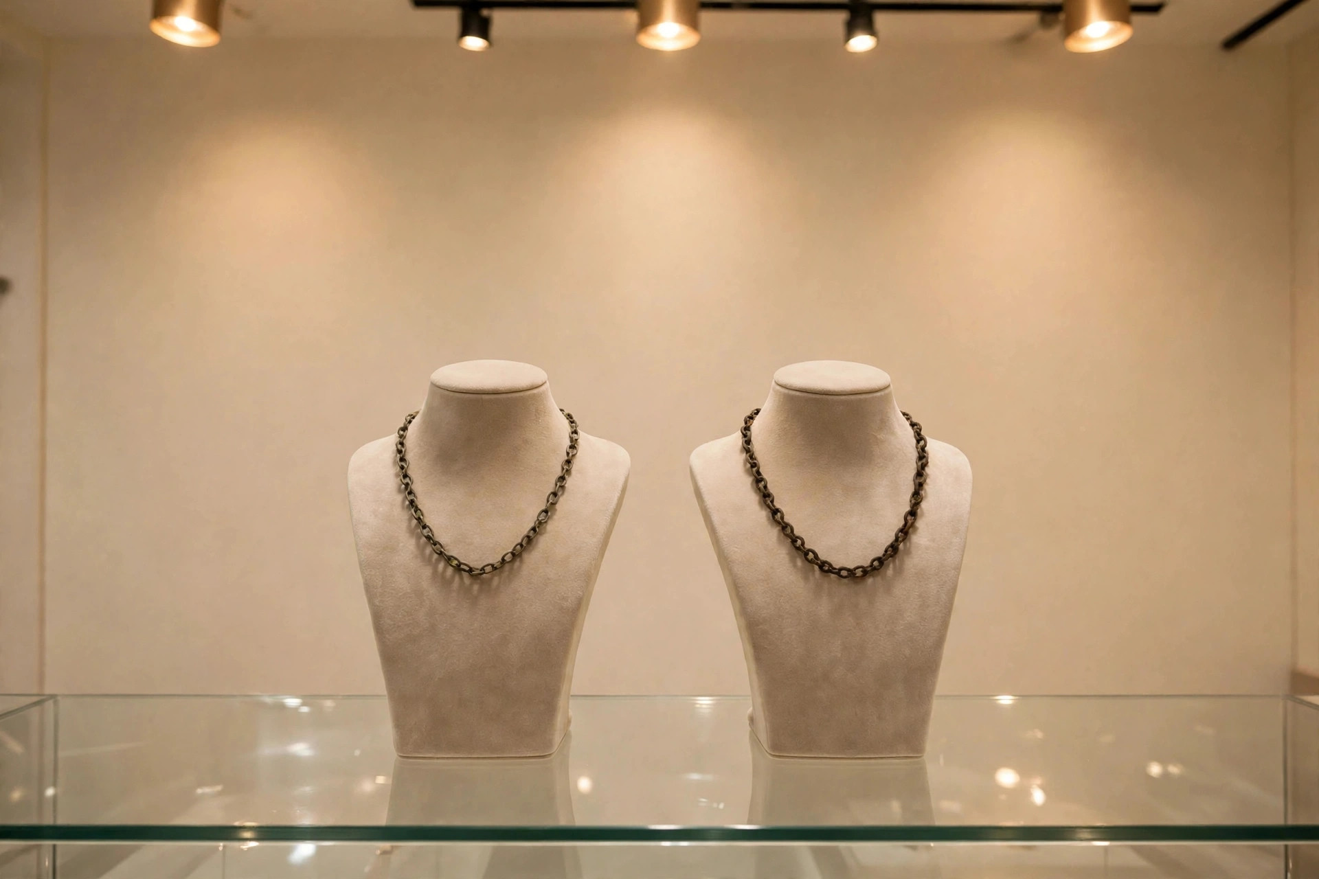 Dull, tarnished old necklaces on display stands